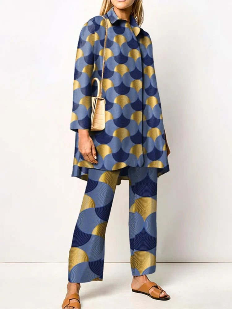 Autumn New Loose Vintage Printed Pant Sets Women Long Sleeve Shirts And Wide Legs Trousers Two Piece Set 2025 Fashion Streetwear