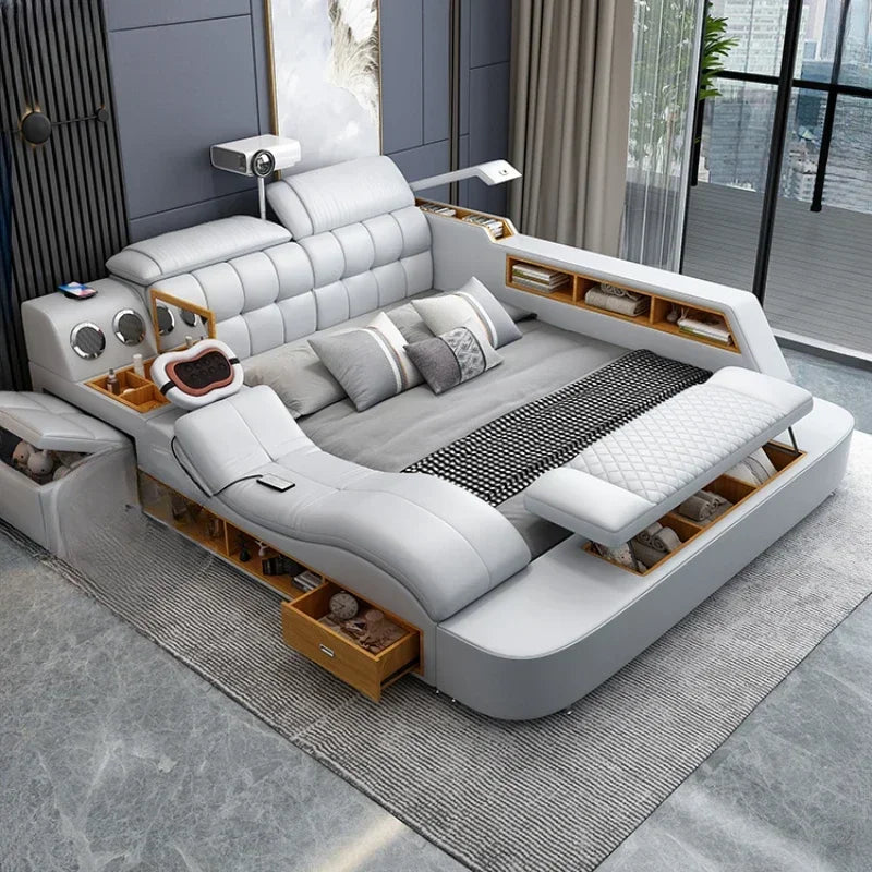 B Girl Nordic Aesthetic Double Bed Storage Multifonction Modern King Double Bed Leather Smart Cama Matrimonial Bedroom Furniture