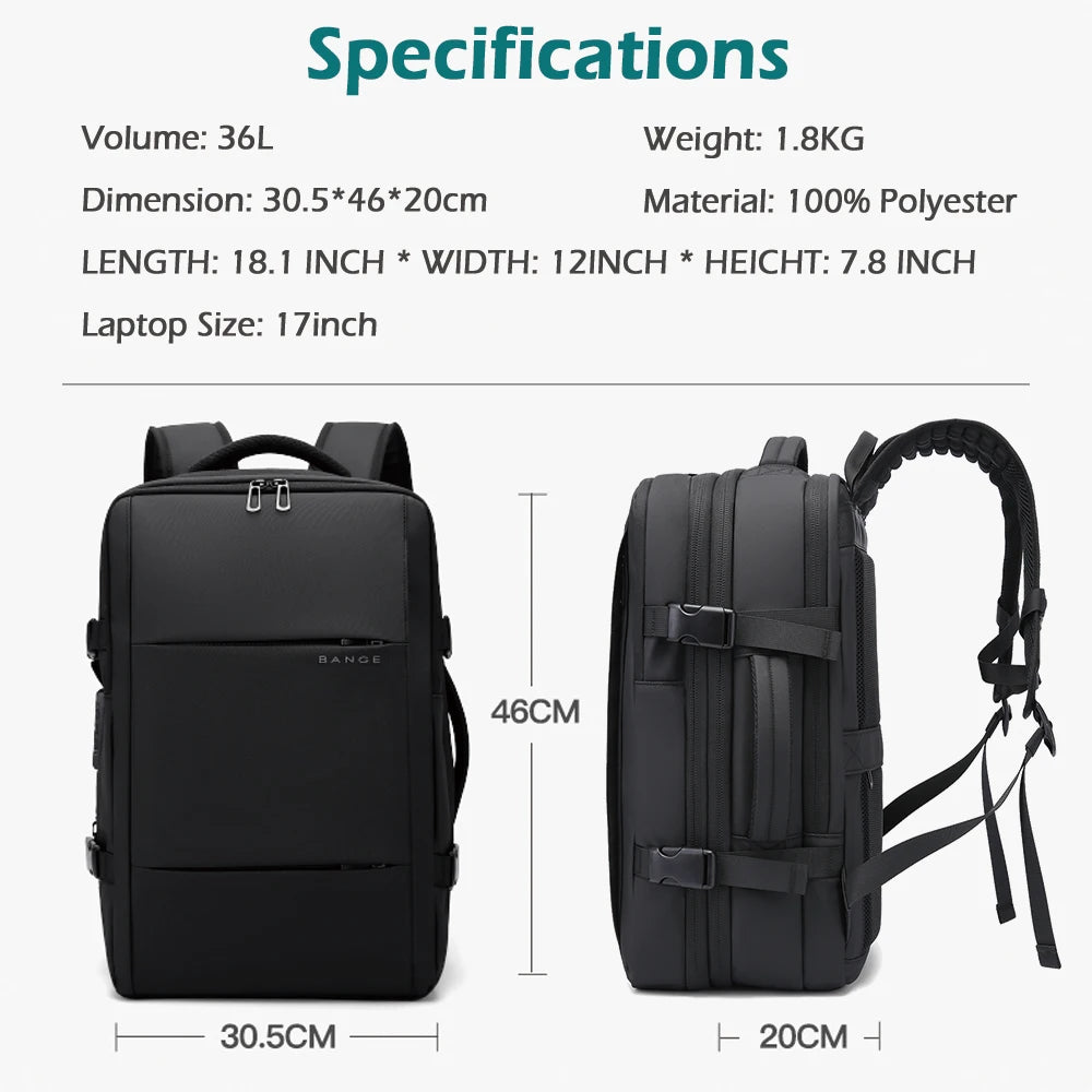 BANGE Expandable Men Travel Backpack With Vacuum Compression 17 inch Laptop Backpacks Business Large School Backpack For Hiking