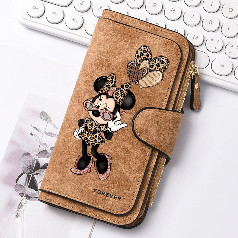 Mickey Minnie Lady Long Zip Wallet Buckle Tote Bag Coin Purse Soft PU Leather Multi-functional Card Holder Casual Daily