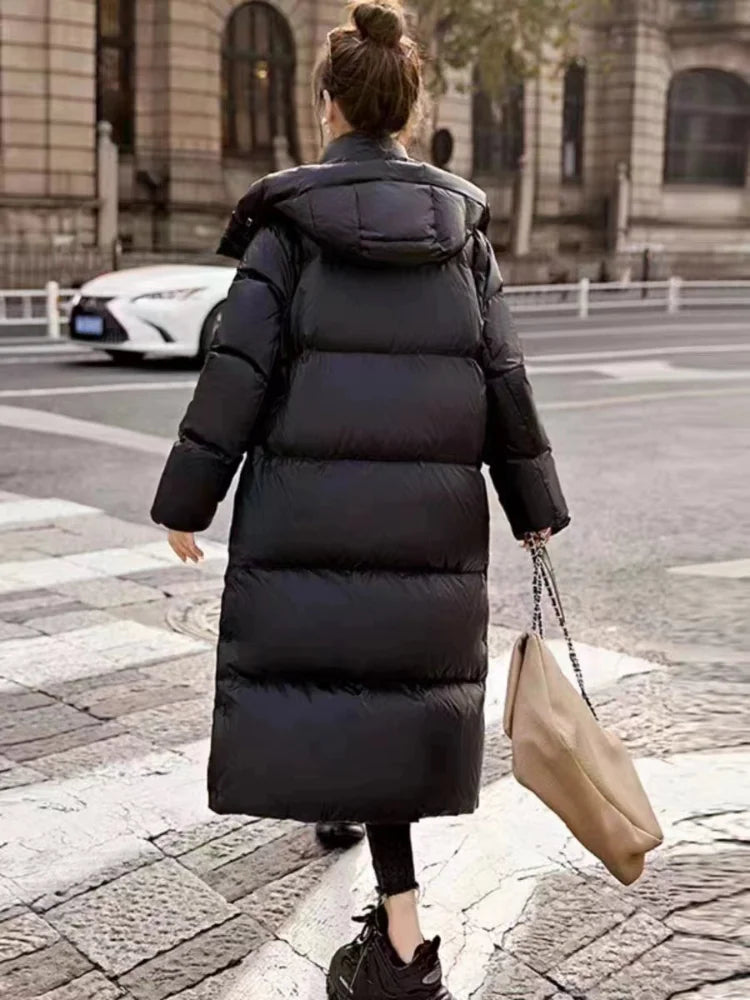 New Arrivals Winter White White Duck Down Hooded Long Puffer Jacket Thickened Warm Solid Color Fashion Windproof Down Jacket