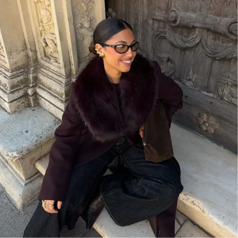 Solid Women Fur Collar Woolen Overcoat Stylish Patchwork Lace Up Long Sleeve V-neck Loose Coats 2026 High Street Warm Outerwear