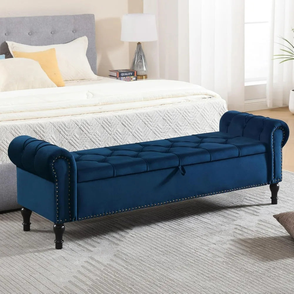 Velvet Storage Bench 67 Inch Upholstered Tufted Ottoman Bench with Arms Large Storage Space King Size End of Bed Bench