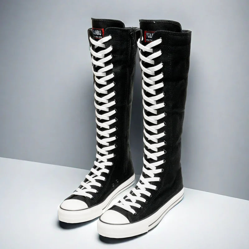 Canvas Long Boots for Women High Top Women Canvas Shoes Lace Up Knee High Boots Flats Casual Vulcanized Shoes Sneakers Girls