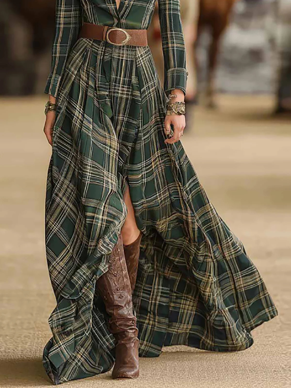 Elegant Western Vintage Plaid Women Shirt Dress Single-breasted Lapel Long Sleeve Maxi Robe A-Line Autumn Long Dresses Vestidos