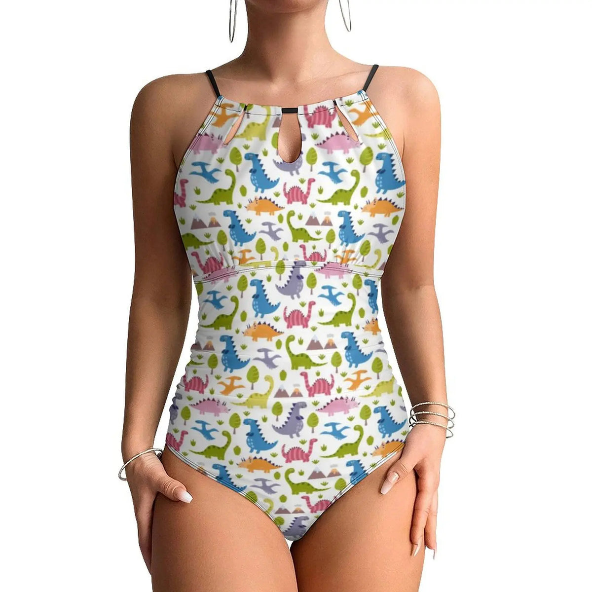 Botanical With Dinosaurs Swimsuit Dinosaur Quirky Soft Pastels Floral Swimwear Holiday Swimsuits Halter Bathing Suit |...