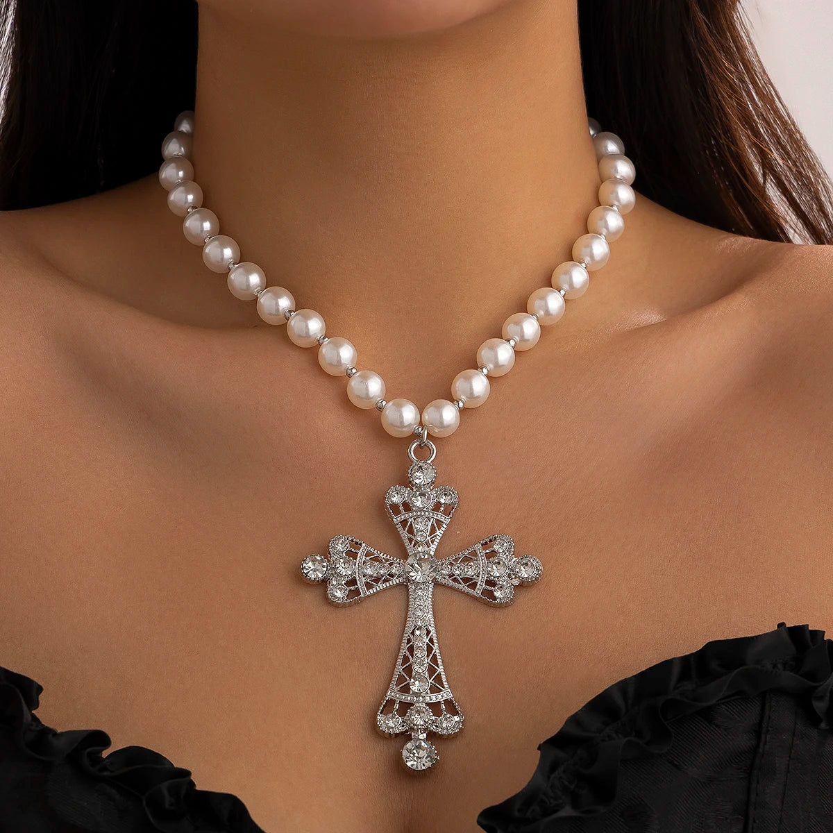 IngeSight.Z Trendy Goth Large Cross Pendant Necklace Elegant Charming Imitation Pearl Woman Choker Y2K Neck Jewelry Accessories
