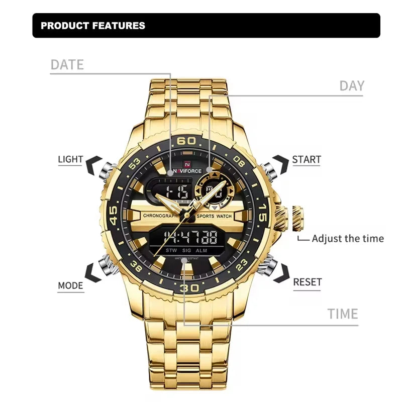 NAVIFORCE Fashion Brand Black Gold Men Watch Fashion Luxury Quartz Wrist Watches Sport Waterproof Stainless Steel Strap NF9234