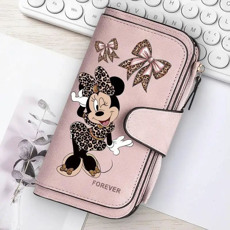 Mickey Minnie Lady Long Zip Wallet Buckle Tote Bag Coin Purse Soft PU Leather Multi-functional Card Holder Casual Daily
