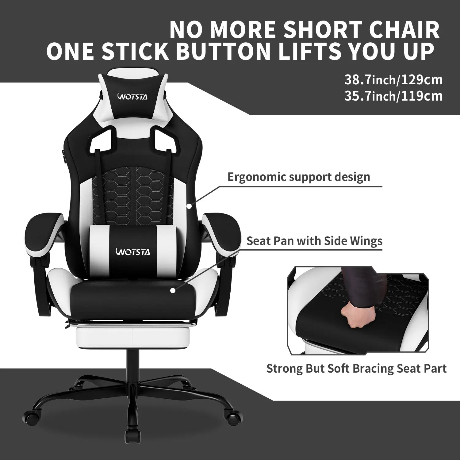 WOTSTA Gaming Chair with Footrest, Lumbar Support, Adjustable Height, Swivel Seat, Headrest ,For Office or Gaming