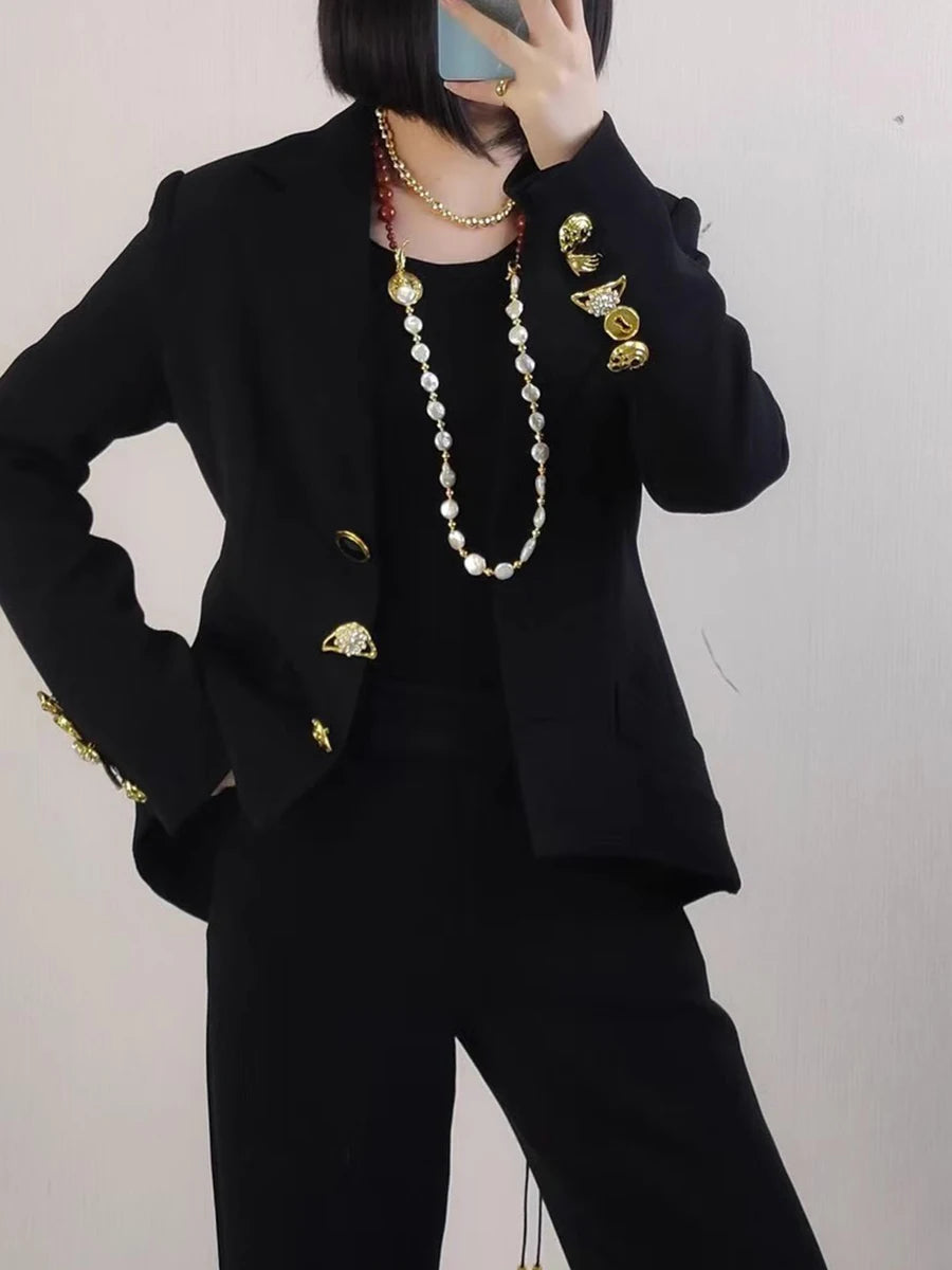 TWOTWINSTYLE Solid Spliced Lace Up Slimming Jackets For Women Lapel Long Sleeve Tunic Temperament Patchwork Button Coat Female - Kimlud