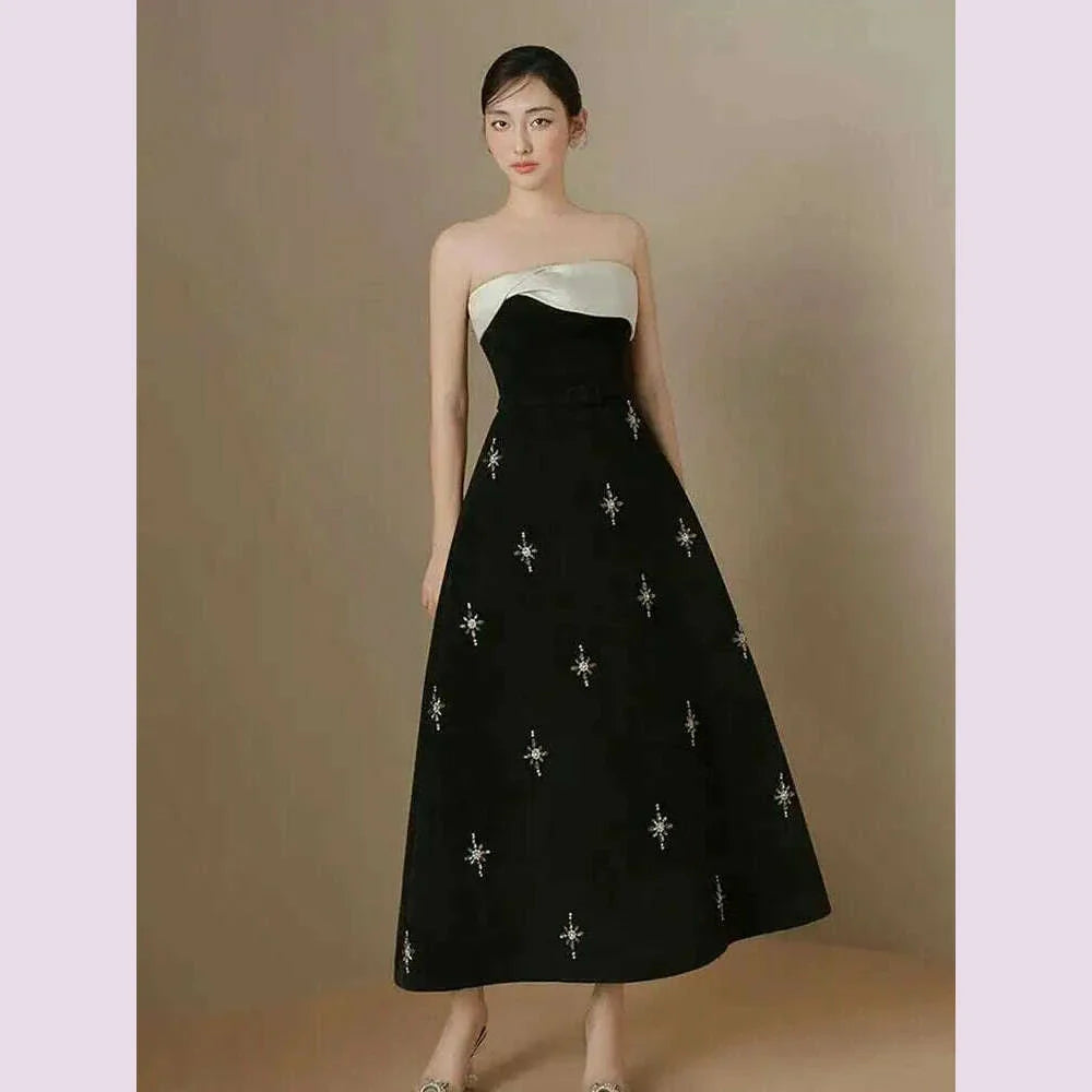 DEAT Elegant Dress Spliced Diamonds Contrast Color Strapless Sleeveless Women's Party Dresses 2024 Autumn New Fashion 15C159