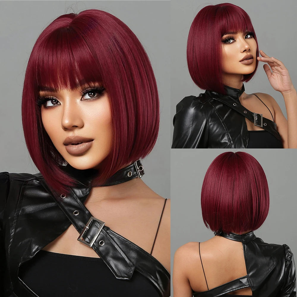 Short straight synthetic wig Ginger Brown Bob wig with straight bangs Ladies Cosplay daily natural high temperature silk wig