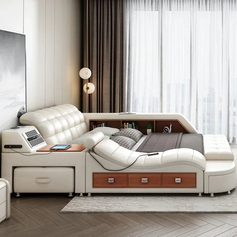 Genuine Leather Tech Smart Multifunctional Beds Massage Modern Luxury Camas Upholstered With Bluetooth Speaker,Air Cleaner