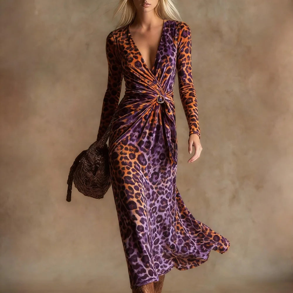 Sexy Leopard Print Velvet Maxi Dress Women Long Sleeve V Neck Twist Front Elegant Cocktail Party Dress Vacation Evening Dress