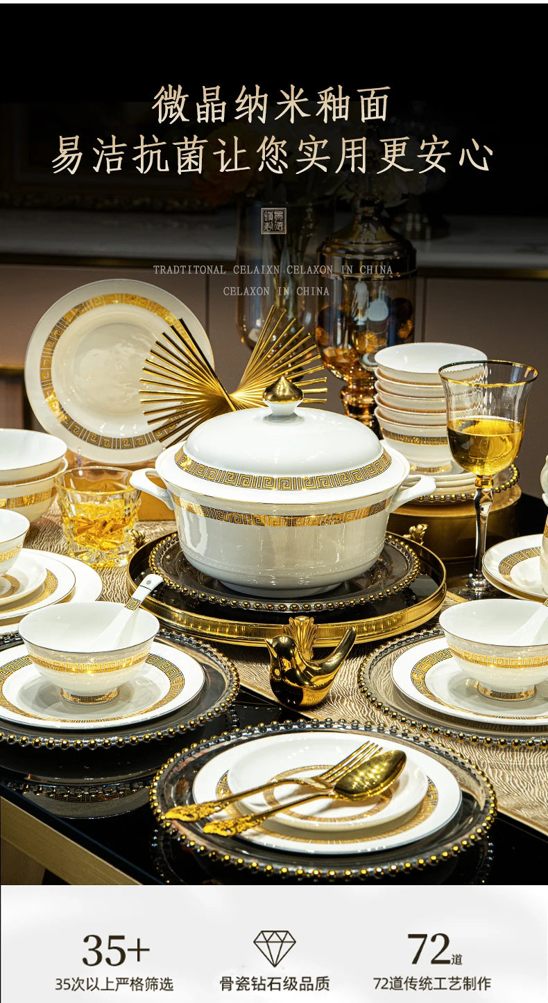Fine Bone China Dinnerware Sets Home Kitchen Luxury Guests Wedding Tableware Set Gold Plates Jogo De Jantar Dinnerware Sets
