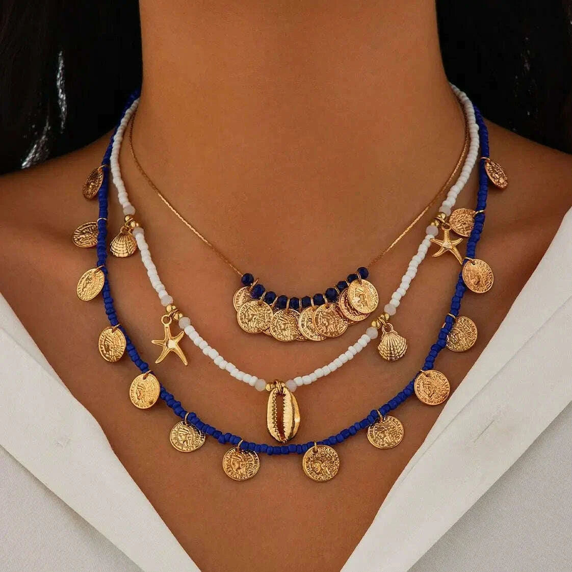 Ingemark 3Pcs/Set Boho Seed Beads Chain Necklace for Women Beach Vintage Metal Conch Starfish Coin Pendant Choker Y2K Jewelry