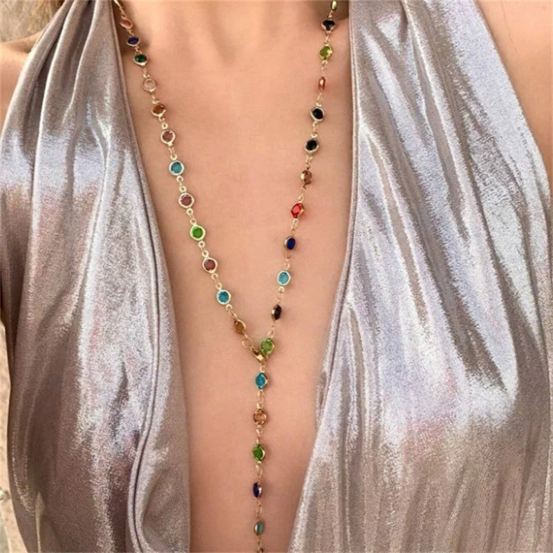 Bohemian Colorful Glass Long Y-Shaped Necklace Metal Collarbone Chain Gold Silver Color Summer Holiday Party Body Jewelry Gifts