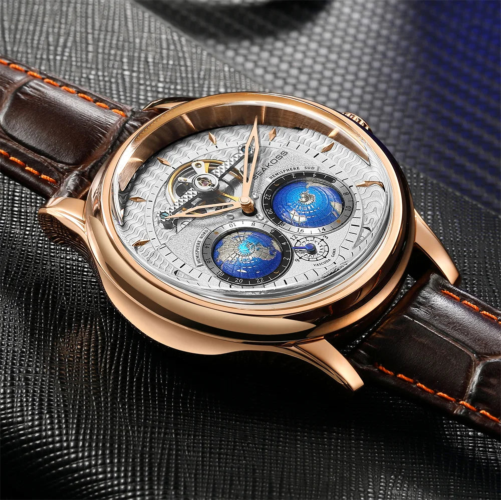 SEAKOSS Male Dual Earth Rotating Mechanical Men's Watch Automatic Movement Waterproof Clock Pilots 1963 Flywheel Wristwatches