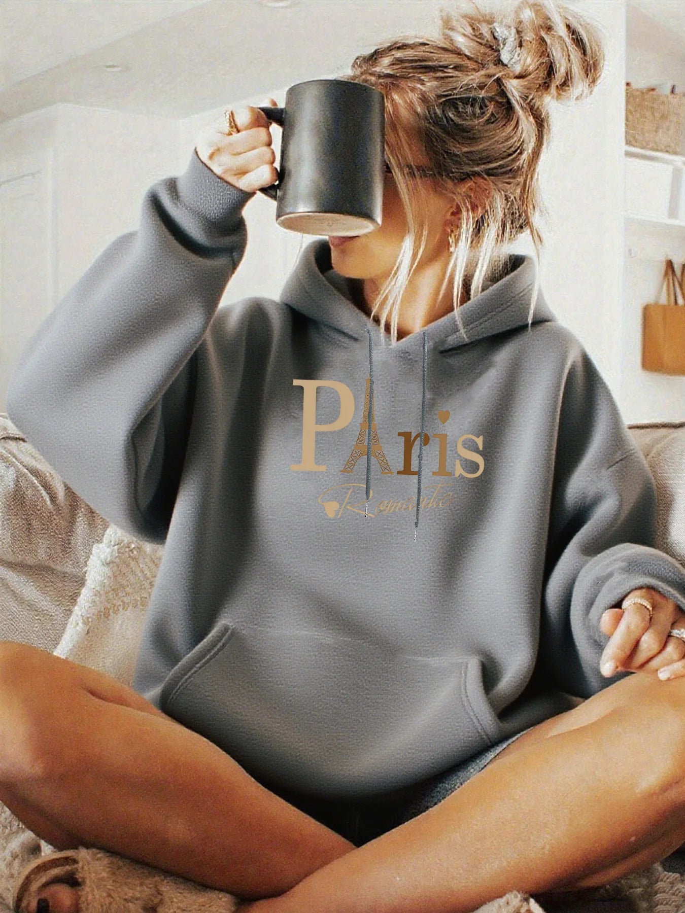 Basic Polyester Hoodie Alphabet Print 100_ Polyester Women Autumn and winter Comfortable Pullover Crewneck Loose Female Clothes
