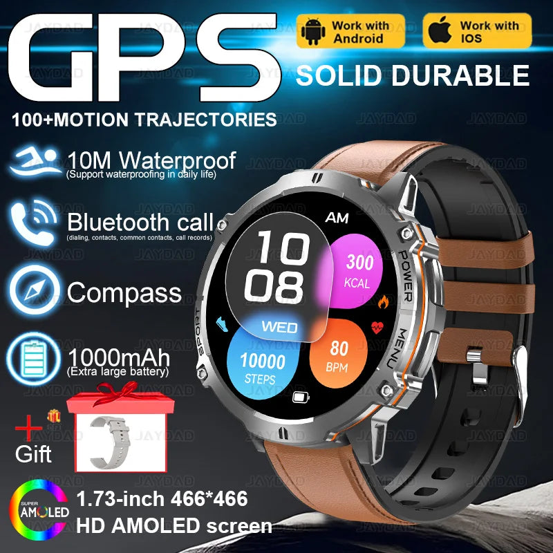 2025New Outdoor Military GPS Compass Smart Watch Men 1.73"HD AMOLED Screen 1000MAH Heart Rate BT Call IP68 Waterproof Smartwat