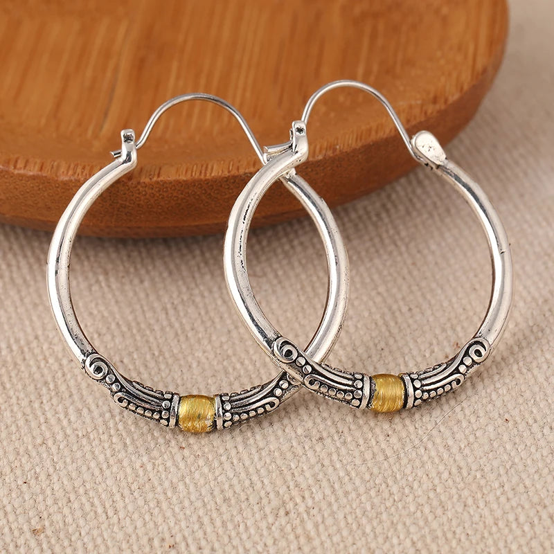 Vintage Exquisite Two-tone Textured Designed Hoop Earrings for Women Bohemian Style Fashion Vacation Banquet Jewelry Accessories