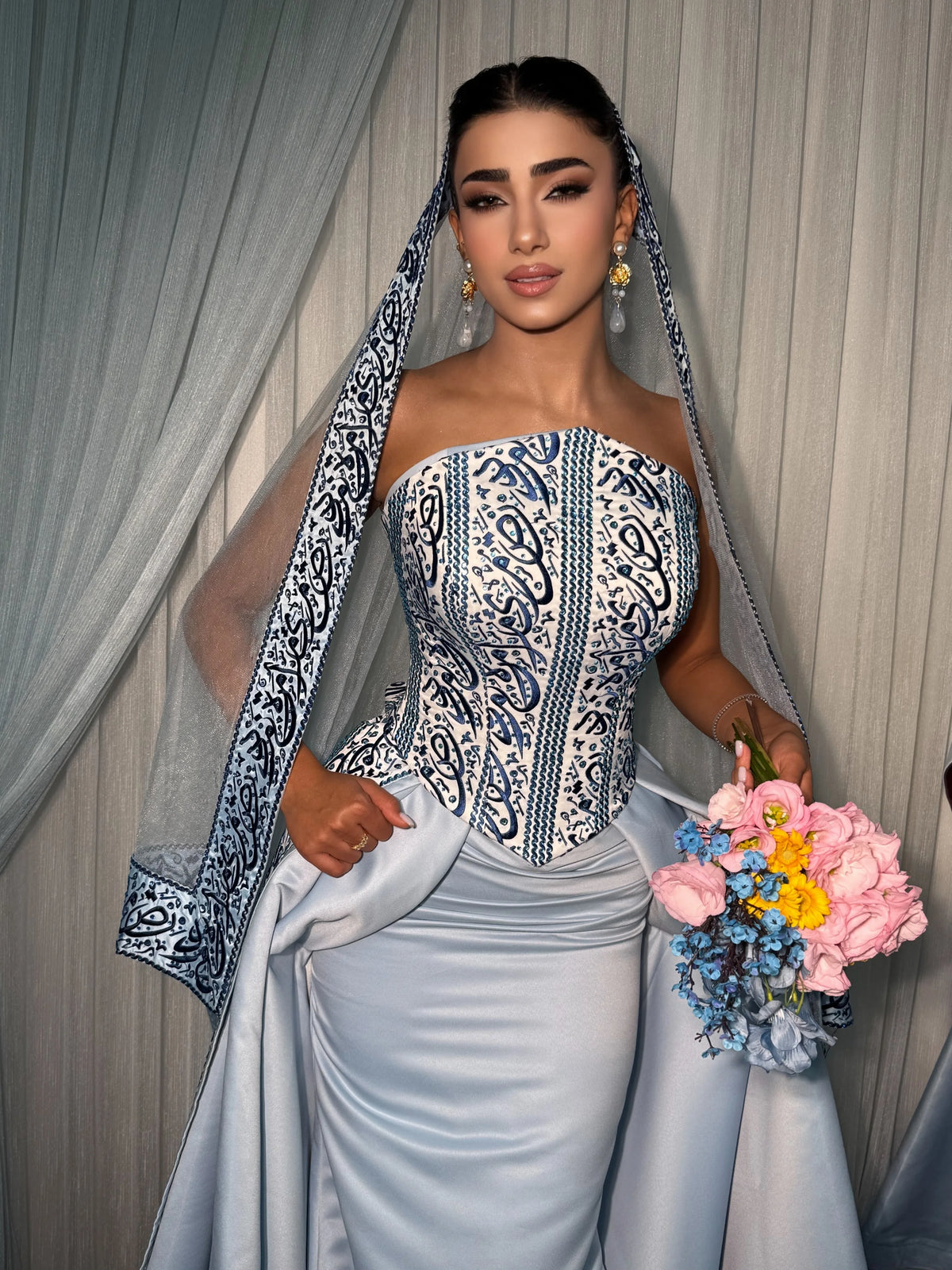 Ofherown Light Blue Evening Dress for Women Printed Corset Satin Formal Gala Prom Ball Gown 2026
