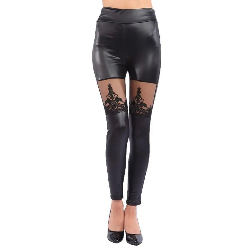 Lace Leather Patchwork Crop Pants Leggings Breathable Skin-Friendly Pure Color Women's Base Layer Pants Winter Collection - Kimlud