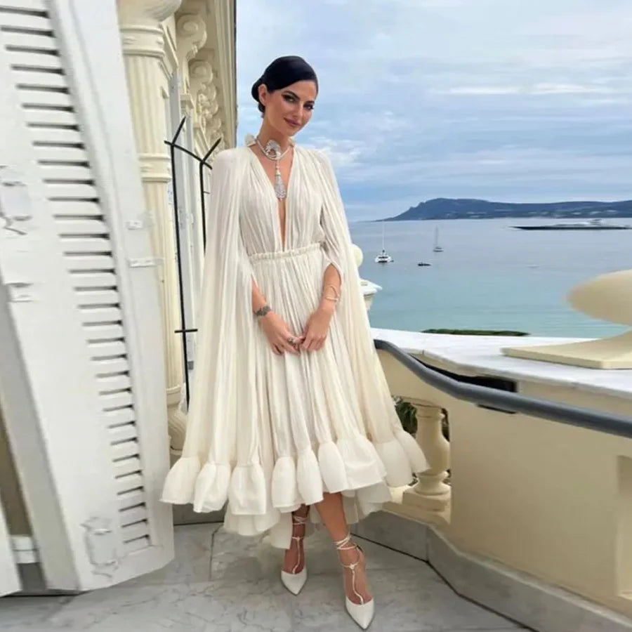 Dubai Ruffles Prom Gowns Ivory Party Dresses Deep V Neckline Tulle Long Elegant Women Dress Cloak Sleeves Draped Formal Dresses - Kimlud