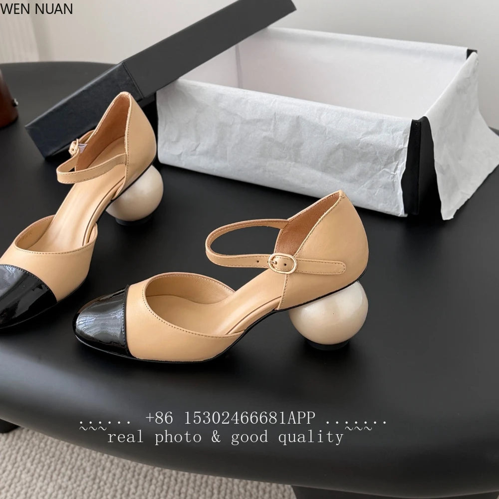 2026 New Genuine Leather Sandals Women Mary Jane Shoes Large Round Pearl Heels Buckle Strap Jane Women's Shoes Leather Side Open - Kimlud