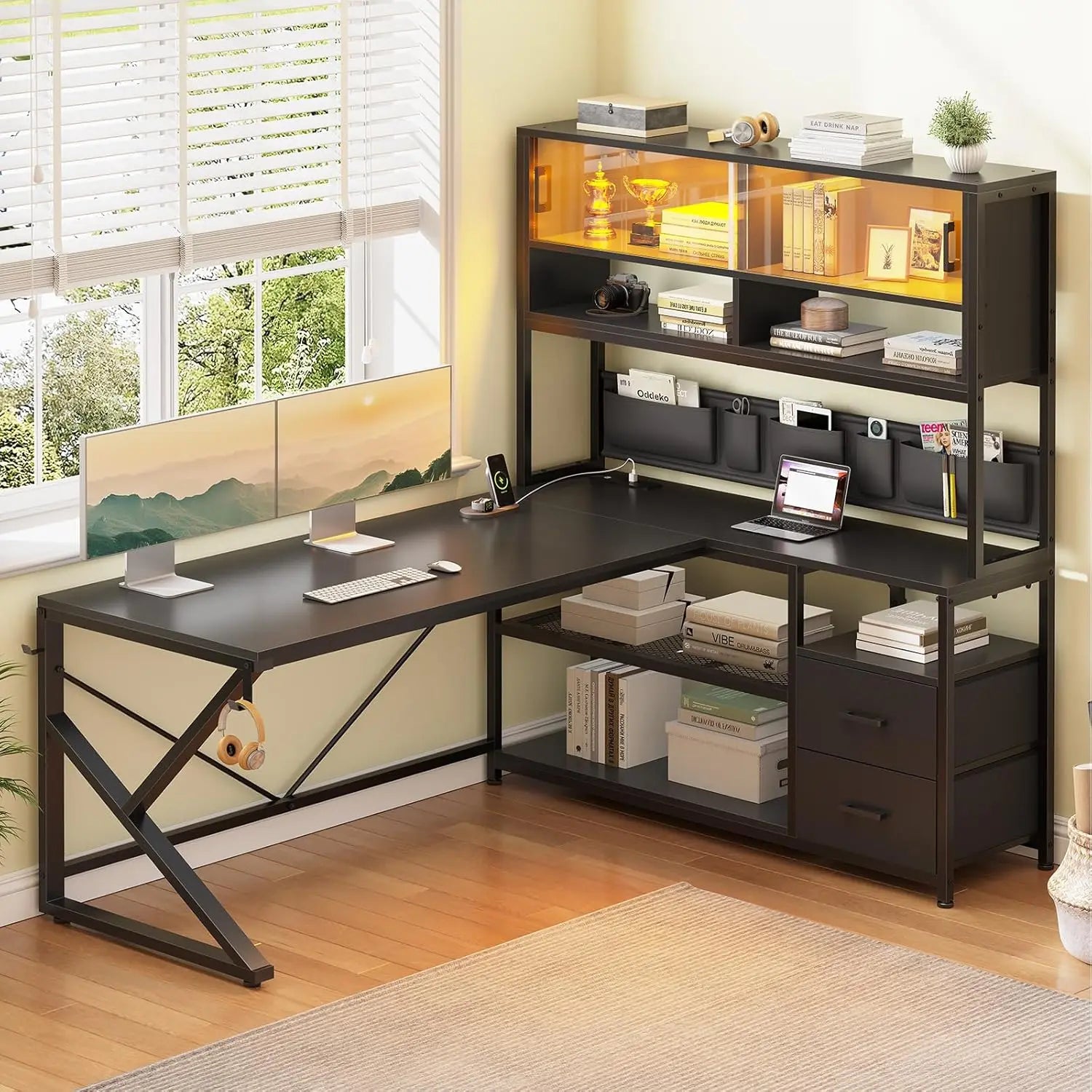 L Shaped Gaming Desk, Home Office Computer Desk with 2 Drawer and Bookshelf, L Shaped Gaming Desk with LED Light,, Customized - Kimlud