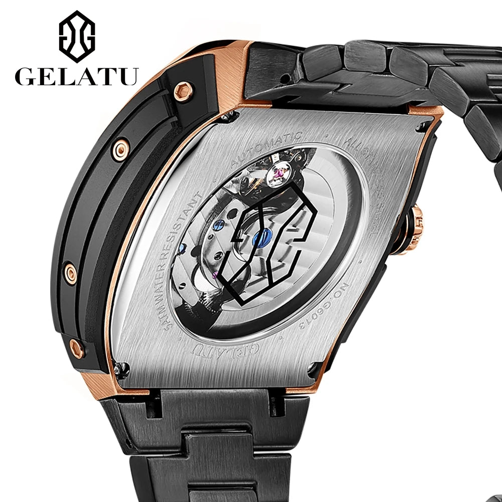 Reloj Hombre Watches Mens GELATU Top Brand Luxury Rose Black Skeleton Tourbillon Automatic Mechanical Watch for Men...