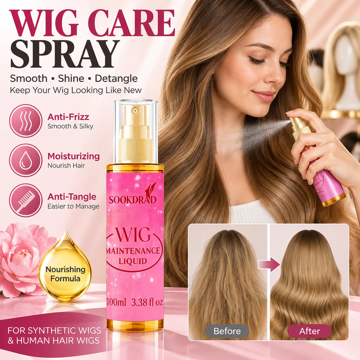 100ml Wig Care Spray Anti-Frizz Smoothing Moisturizing Anti-Tangle Leave-in Conditioner For Wigs Synthetic Hair Smooth and Shine