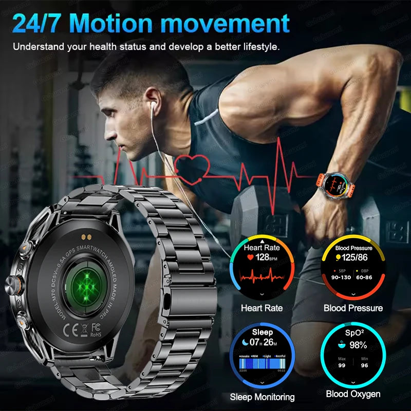 2025New GPS Sports Smart Watch AMOLED Flashlight 950Mah Battery IP68 Waterproof Fitness Trackr BT Call Smartwatch For Men Women