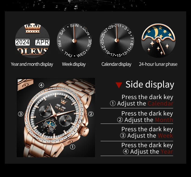OLEVS 6695 Automatic Mechanical Men's Watches Luxury Brand Original Diamond Bezel Moon Phase Perpetual Calendar Man...