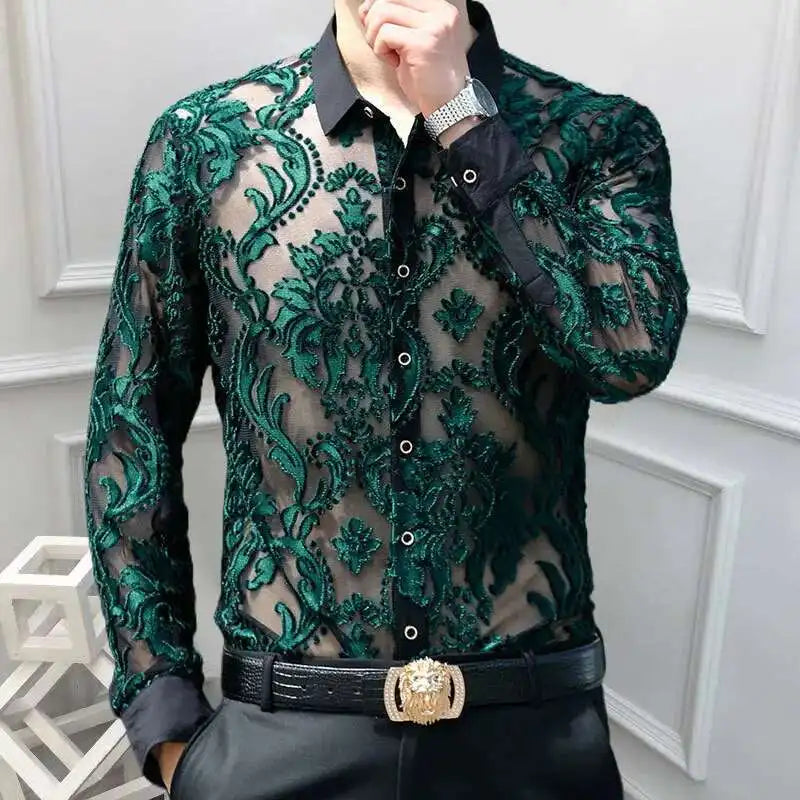 3 Colours Soft Velvet Slim-fit Men Clothing Nightclub long sleeved Sexy Polo See Through High Quality Transparent Floral Polo - Kimlud