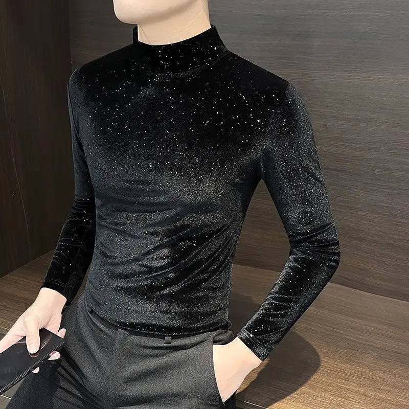 Gold Velvet Men's Long-sleeved T-shirt New Autumn and Winter Half Turtleneck Top Starry Sky Mid-collar Bottoming Shirt |...