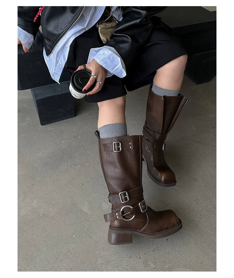 Women's Boots Half High Square Toe Footwear Brown Biker Shoes For Woman Mid Calf Middle Heel Comfortable And Low Price Pu Goth