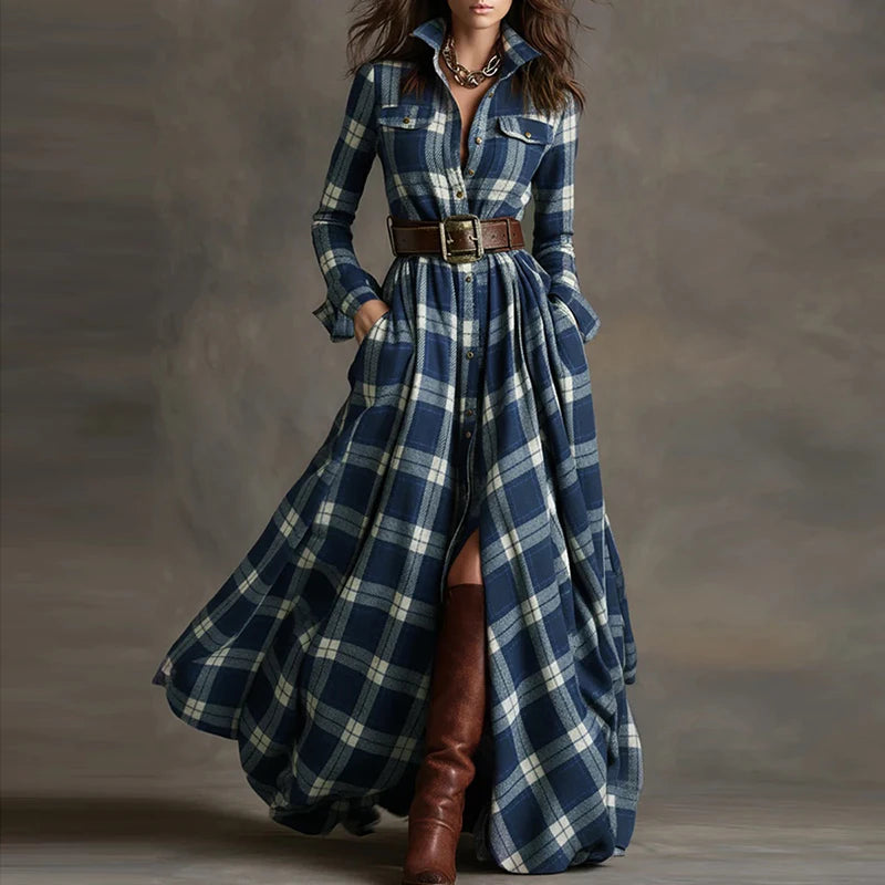 Fall Retro Plaid Print Swing Long Dresses Woman Sexy Single Breasted Lapel Shirt Dress Casual Long Sleeve Pocket Slit Maxi Dress