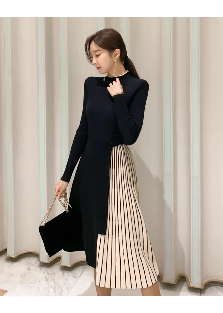 H Han Queen New Winter Elastic Knitted Dresses Women Color matching Lace-up Sweater Dress Fashion Slim Work Office Vestidos - Kimlud