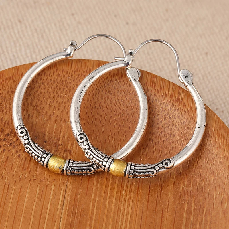 Vintage Exquisite Two-tone Textured Designed Hoop Earrings for Women Bohemian Style Fashion Vacation Banquet Jewelry Accessories