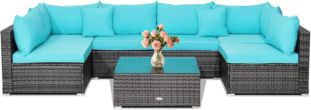 7 Pieces Patio Furniture Set, Patiojoy All-Weather Outdoor Rattan Sectional Sofa Set with Cushions and Tempered Glass Coffee Ta - Kimlud