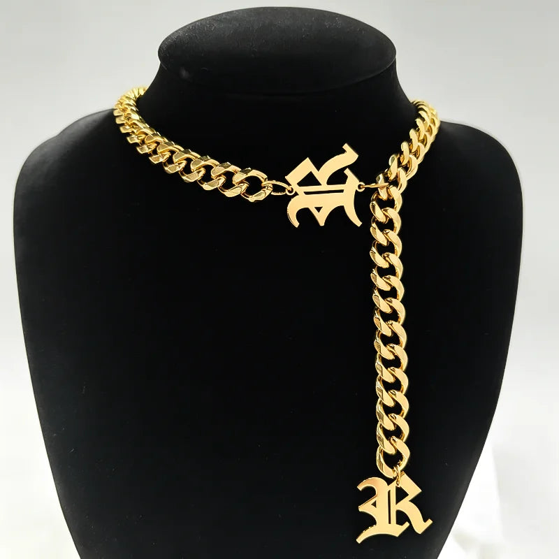 DUOYING Gothic Initial Letter Drop Choker Necklace Gold Plated Thick Cuban Link Chain Old English for Women Custom Jewelry Gif