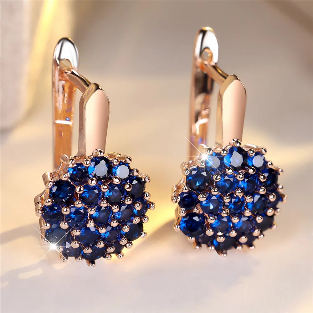 Cute Sunflower Blue Crystal Round Zircon Hoop Earrings For Women Rose Gold Silver Color Wedding Flower Jewelry...