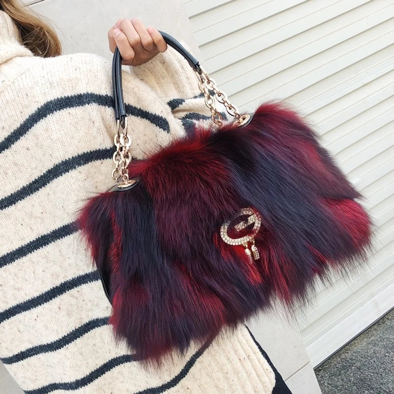 Fox Fur Women's Bag Fashion Large Capacity Furry Women's Handbag Designer Luxury Bag Handheld Crossbody High End Furry Bags Big
