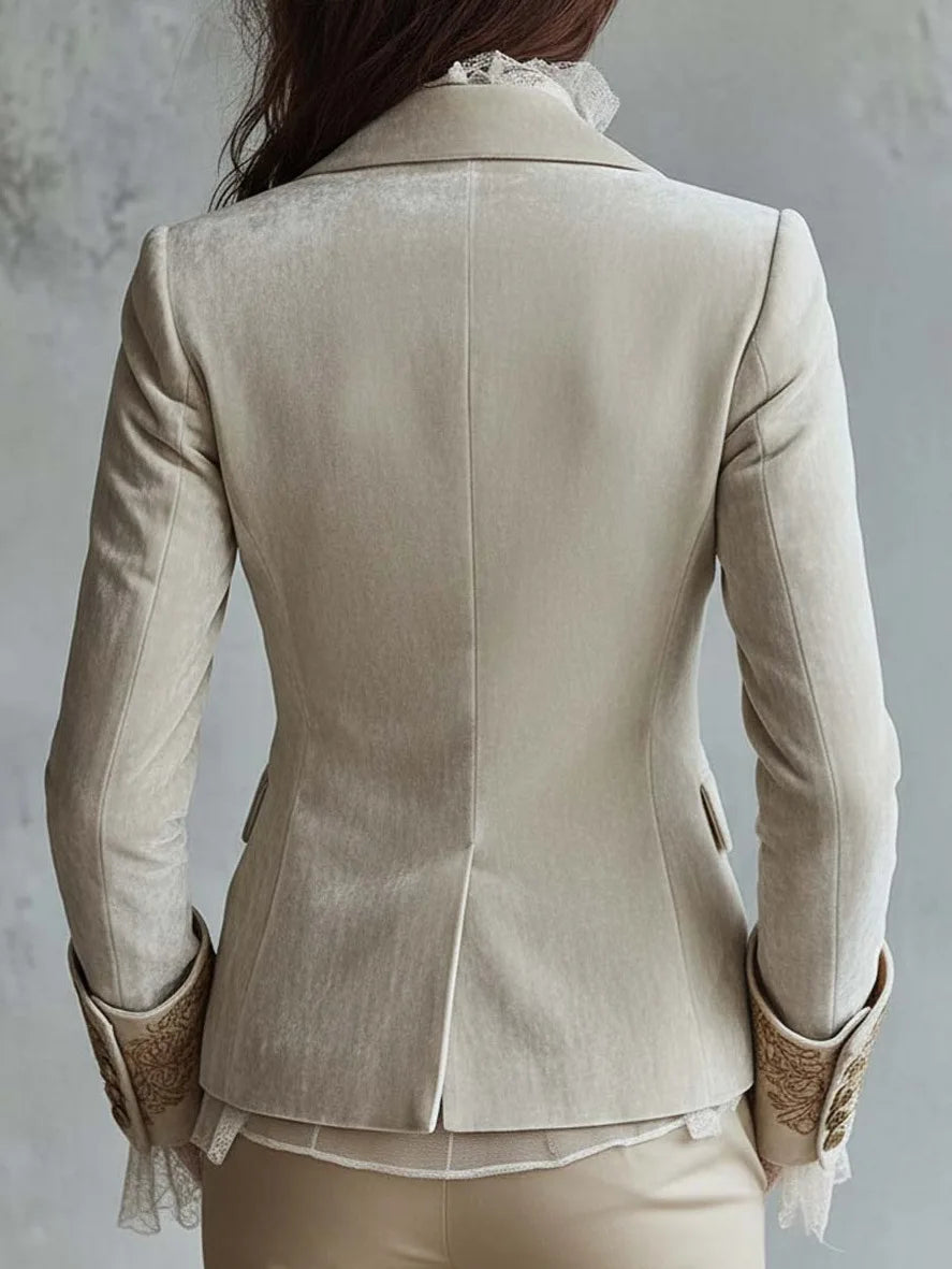 2026 Gold Velvet Long Sleeve Suit with Pockets for Women Floral Print Bell Sleeve Street Style Casual Set