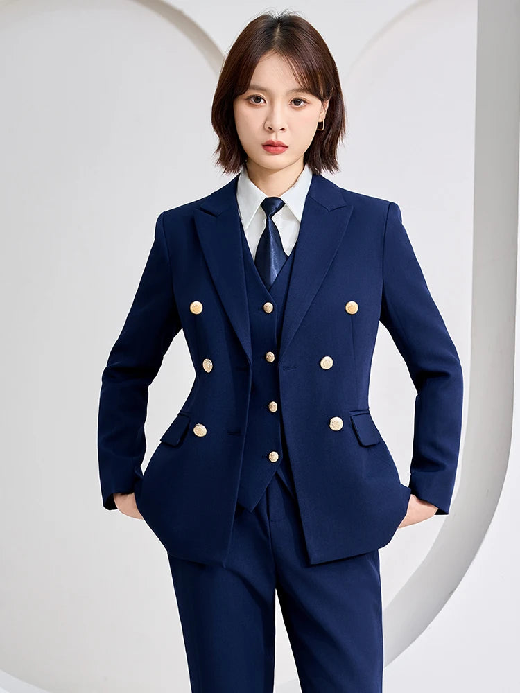 Autumn Winter Women Vest Blazer and Pant Suit Orange Navy Khaki Office Ladies Formal Business Work Career Wear 3 Pieces Set