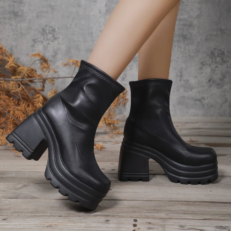 Women New Fashion Short Boots Women Sexy Leather Boot Square toe casual Zipper high heels Casual thick soled women shoes...