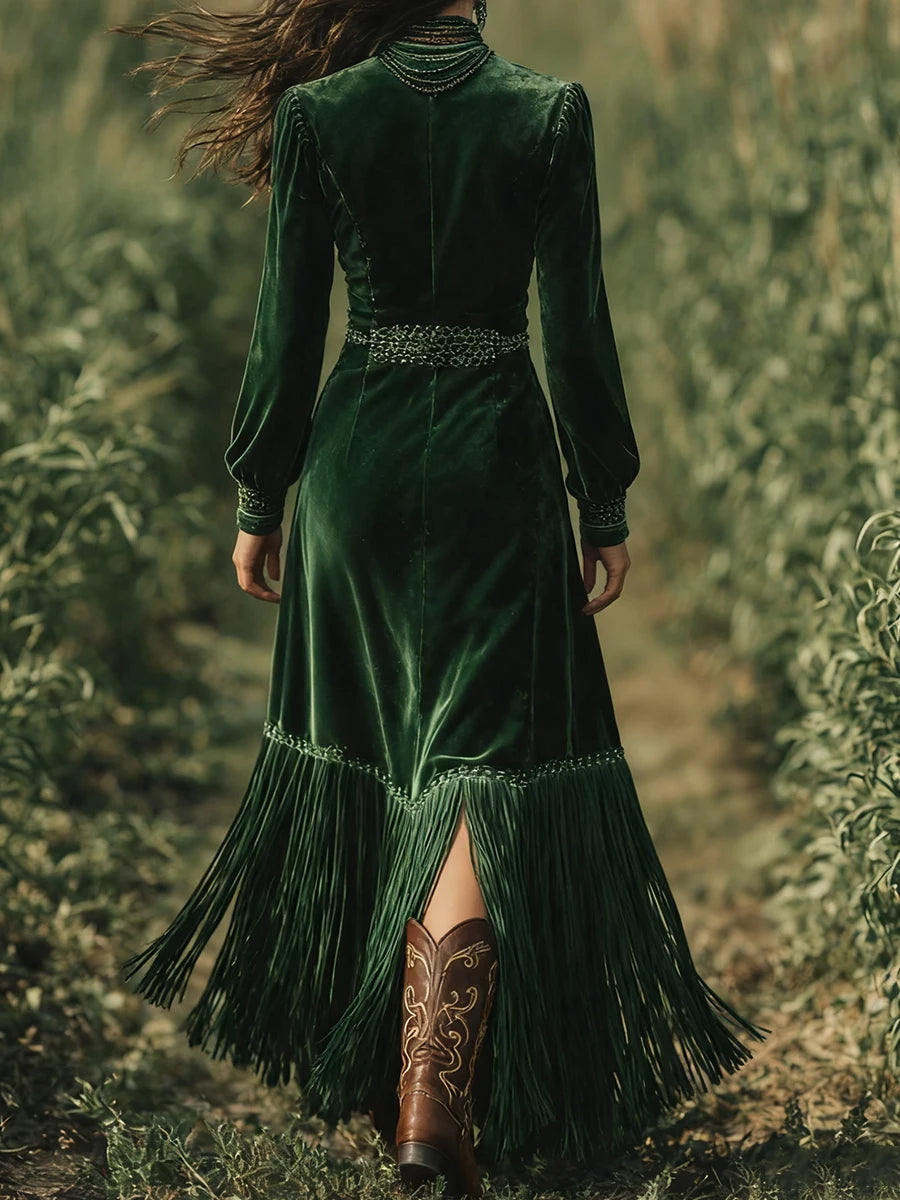 Elegant Women Velvet Dress Fringe Hem Sexy V Neck Long Sleeve Boho High Waist Lantern Sleeves A-Line Evening Party Maxi Dress