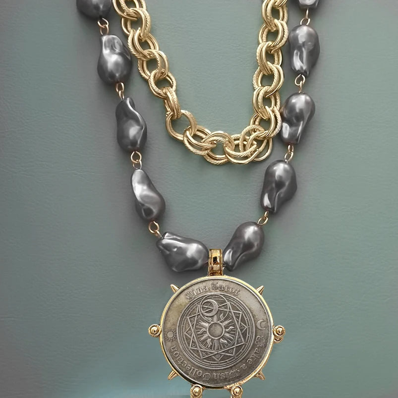 2025 chunky layer Jewelry Luxurious imitation grey pearl exaggerate coin charm pendant Clasps Carabiner Necklace...